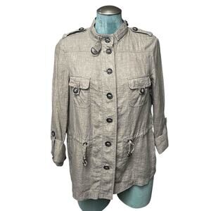 Bonita Linen Utility Jacket Size 40 Gray Button Front Pockets Drawstring Waist